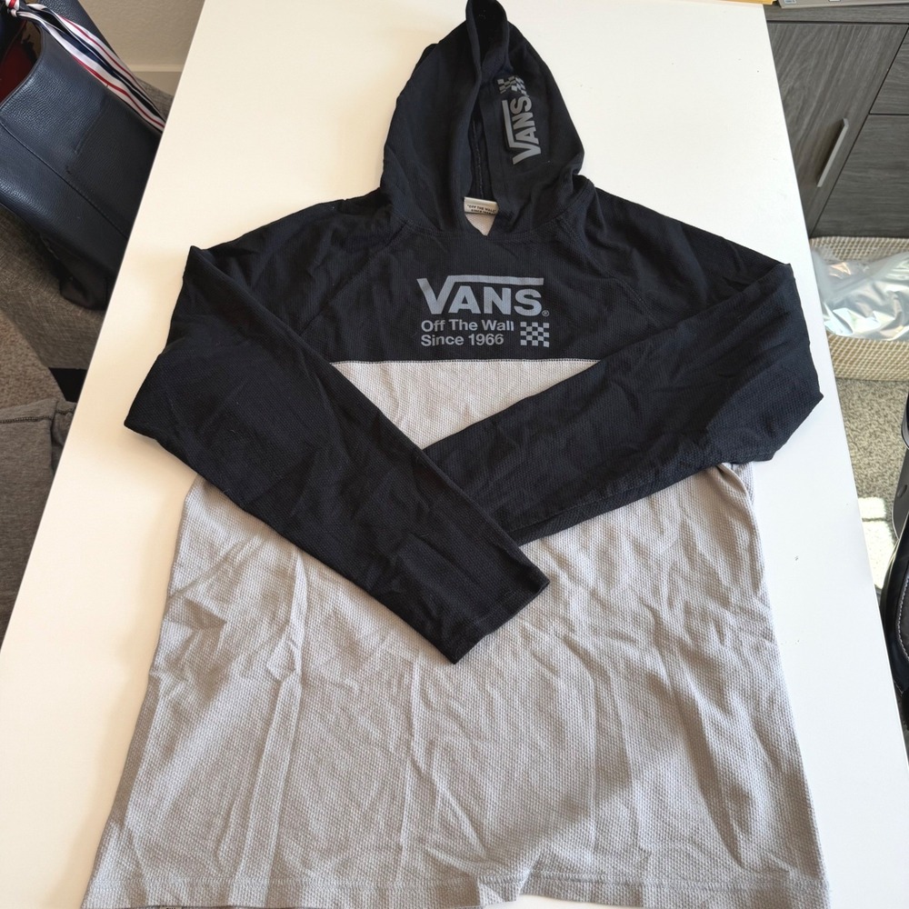 Vans Off The Wall Mens XL Thermal Hoodie Waffle Knit Raglan Black Grey Logo